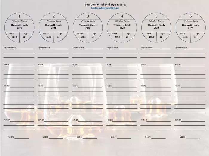 Excel Bourbon Tasting Flight Sheets for 3, 4, 5, and 6 sample events